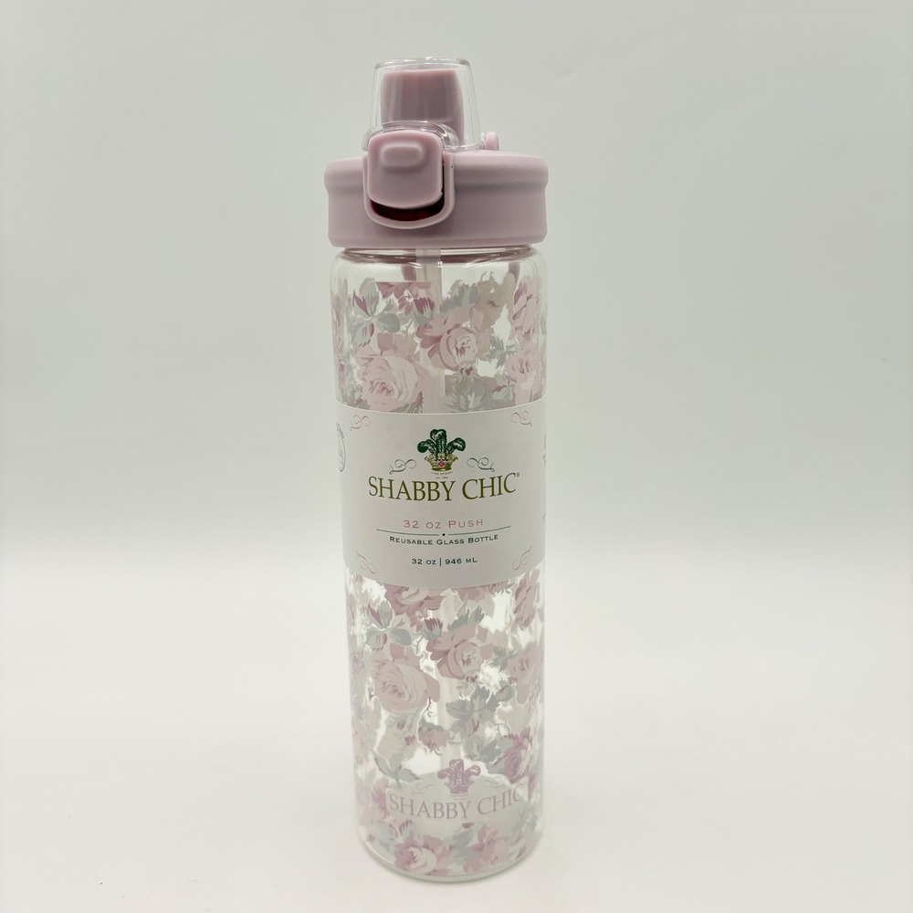 Rachel Ashwell Shabby Chic 32 oz Reusable Glass Water Bottle Pink Floral Rose